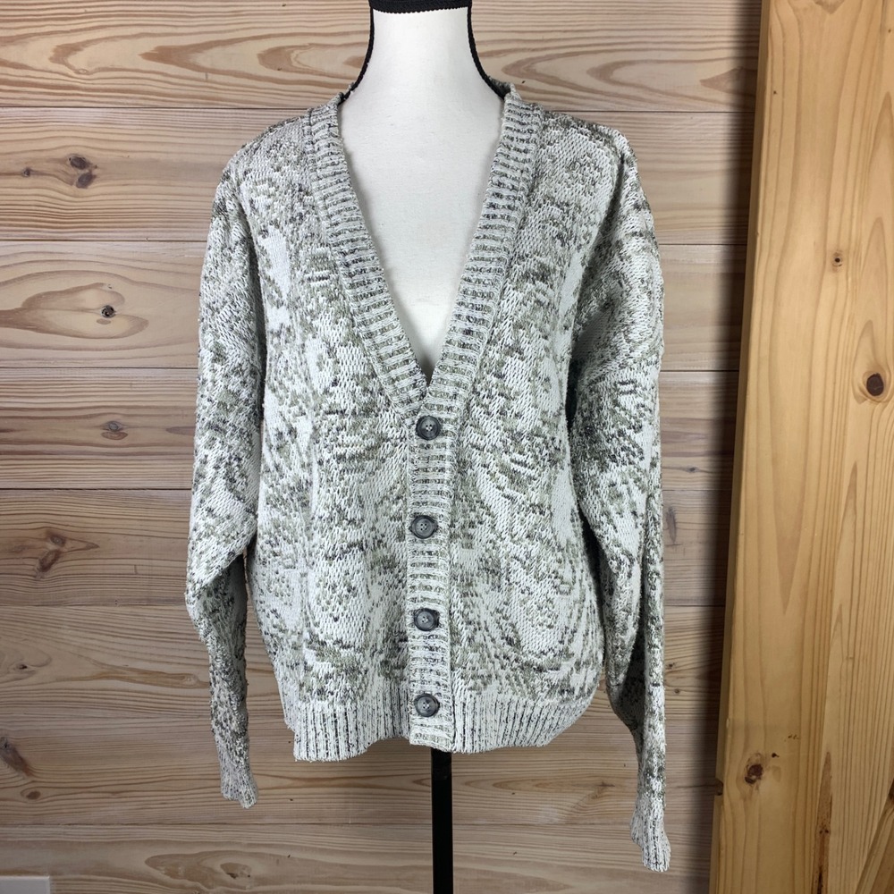 Ellis Island Cardigan Womens Large Green Abstract Knit V-Neck Cotton Sweater USA